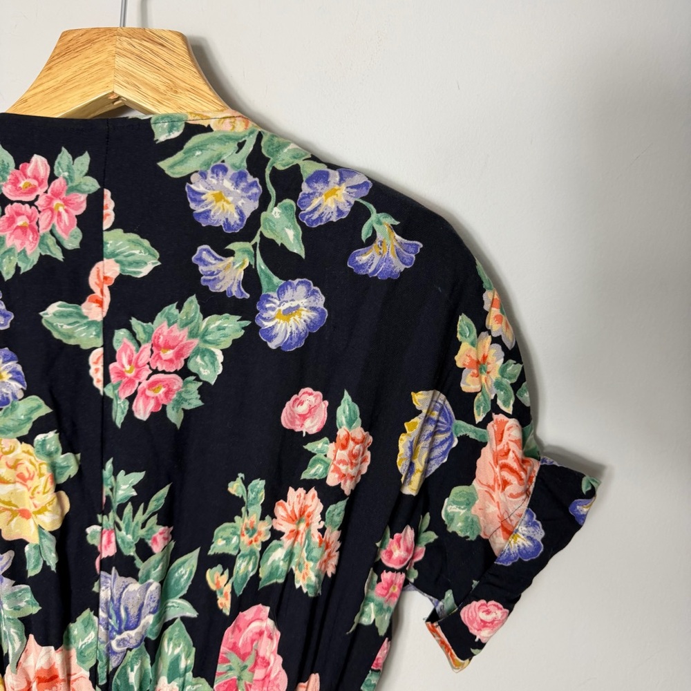 Vintage Floral Black Short Sleeve Wrap Dress Size 12 Tall - Picture 7 of 9